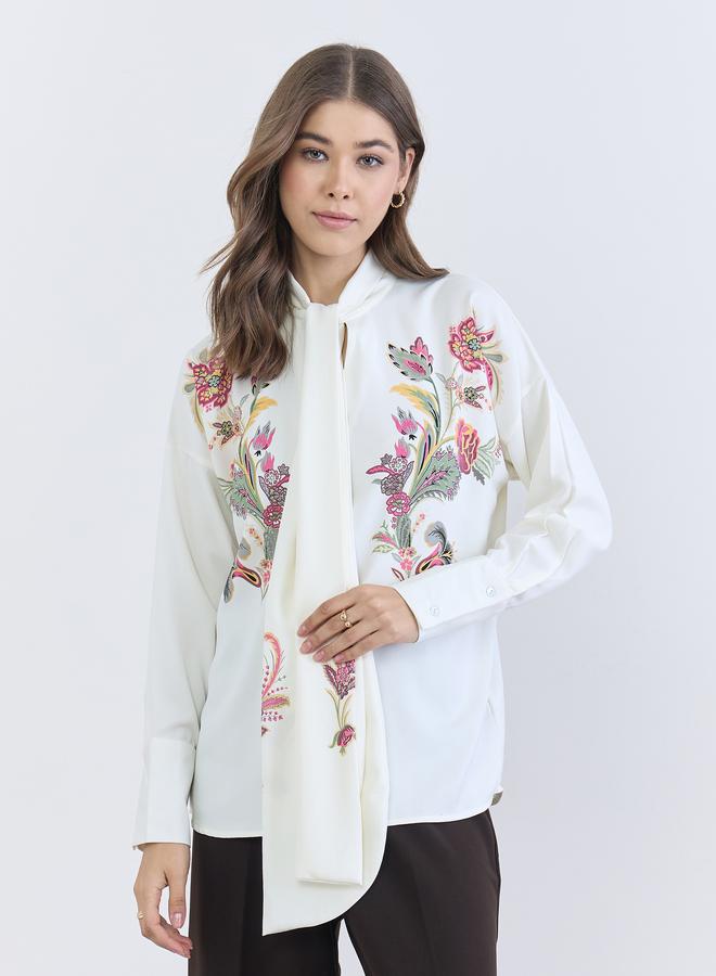 ستايلي بلوزة بقصة واسعة برباط عنق وطبعة زهور - Image 2